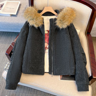 灰色毛领连帽短款毛呢外套羽绒服内胆女2025深冬新独特超好看大衣