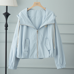 蓝色连帽冲锋上衣棒球服外套女2026开春新款韩系巨好看百搭短夹克