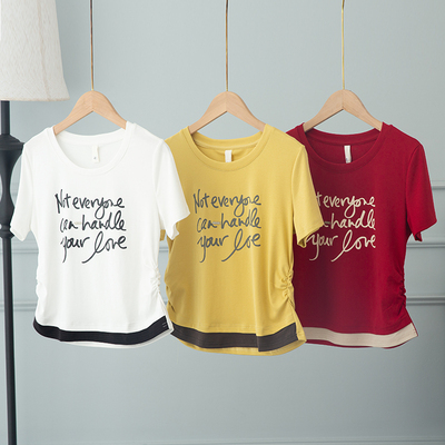 假两件拼接撞色收腰短袖T恤上衣