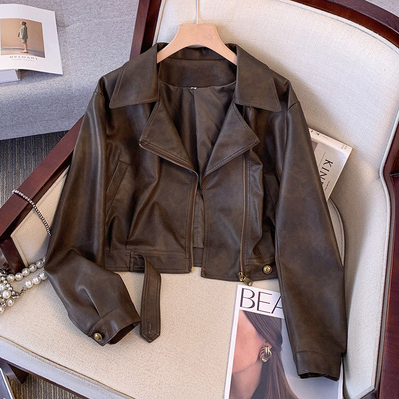美拉德咖色皮衣外套女士短款2025春秋初冬季新西装夹棉机车服夹克