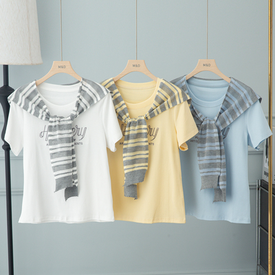 白色条纹披肩短袖T恤新款短上衣