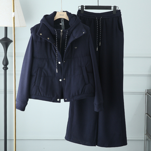 加厚马甲搭配连帽卫衣阔腿裤三件套女2026超火韩系chic冬装一整套