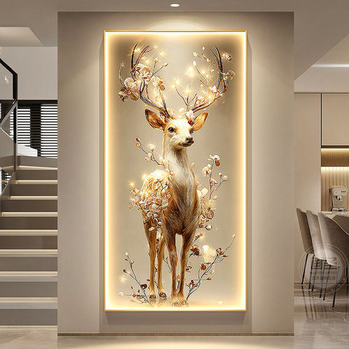 招财福鹿玄关装饰画轻奢一路生花走廊尽头壁画灯高档入户发光挂画