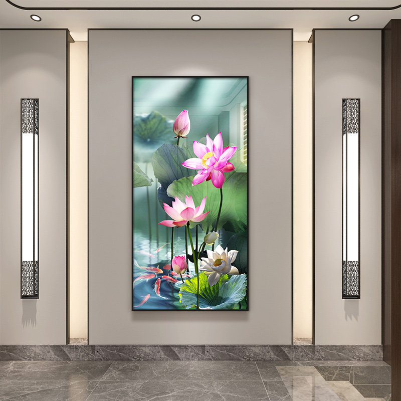 荷花九鱼图入户玄关装饰画微喷油画挂画客厅现代轻奢走廊过道壁画