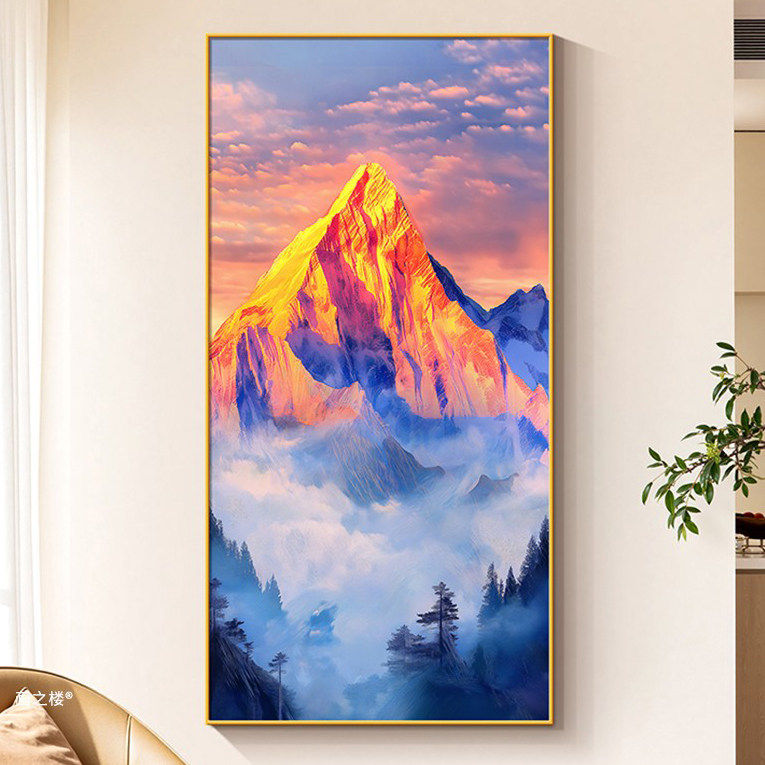 入户门聚财图壁画日照金山玄关正对靠山装饰画高档大气道挂画
