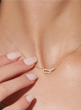 S925纯银双椭圆项链环环相扣双环吊坠镶钻镀14k金欧美亚马逊新款