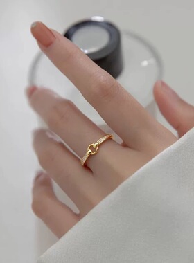 S925纯银镀金镶钻圆形几何戒指女日韩轻奢小众高级感开口食指戒