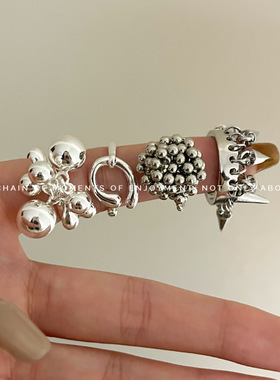 欧美金属质感瀑布银色圆珠开口戒指女 ins高级感小众组合指环