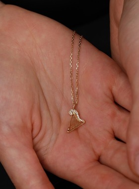 音乐家~S925银镀18K金锆石竖琴吊坠项链女音乐乐器气质款