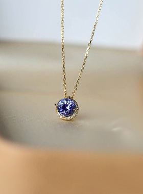 《月半弯》日系天然坦桑石镀18K金项链轻奢紫水晶agete阿卡朵吊坠