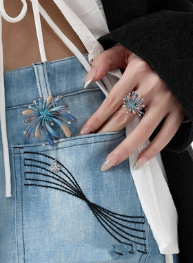 彩色锆石花朵开口戒指简约气质时尚食指戒百搭小众高级感手饰