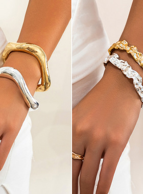 欧美跨境设计感金属不规则熔岩手镯时尚小众肌理感褶皱开口手环