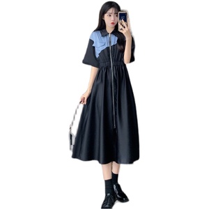 RM13686#大码女装夏季胖mm撞色polo领拉链连衣裙显瘦收腰简约设计感长裙子