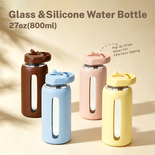 2026新款800ml吸嘴水杯带刻度手提玻璃杯防烫硅胶保护套吸管水杯