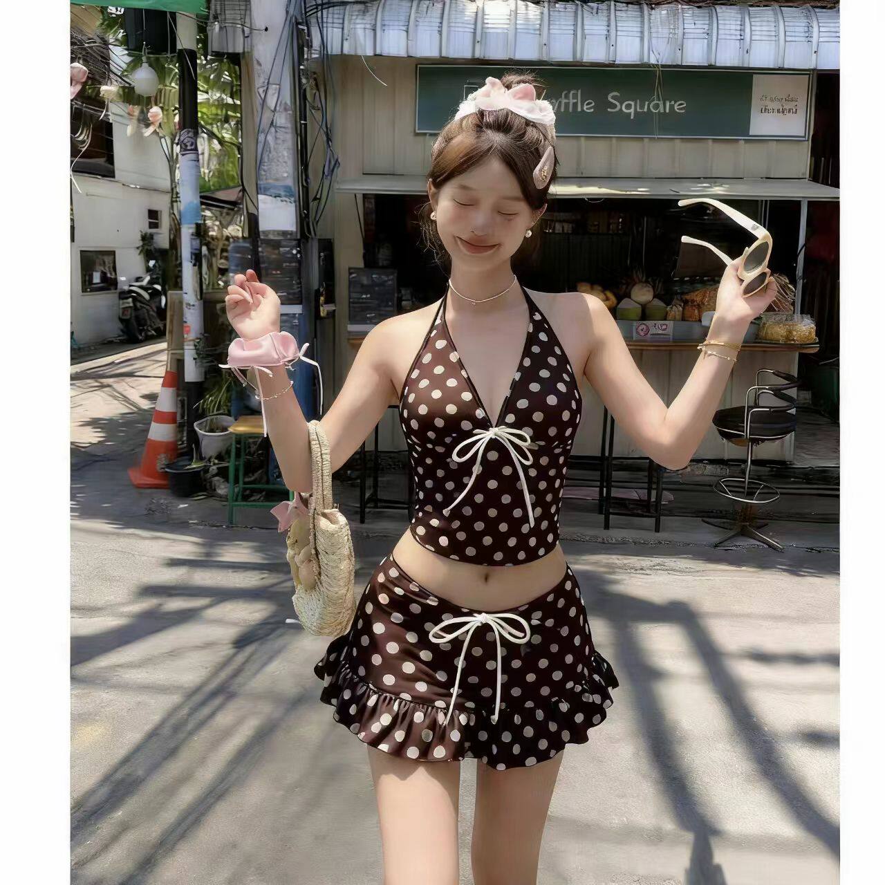 泳衣女波点裙式挂脖分体比基尼小胸显瘦保守纯欲风高级感海岛度假