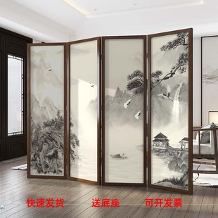 实木折叠移动屏风隔断办公室酒店会客厅遮挡山水画背景 现货新中式