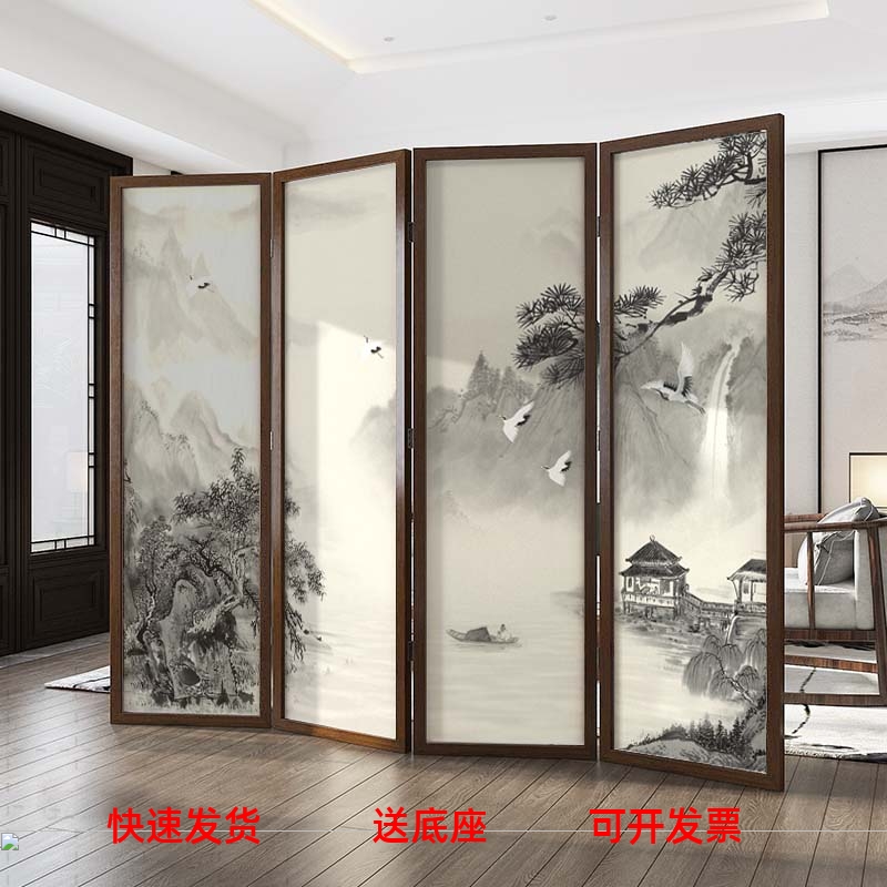 现货新中式实木折叠移动屏风隔断办公室酒店会客厅遮挡山水画背景