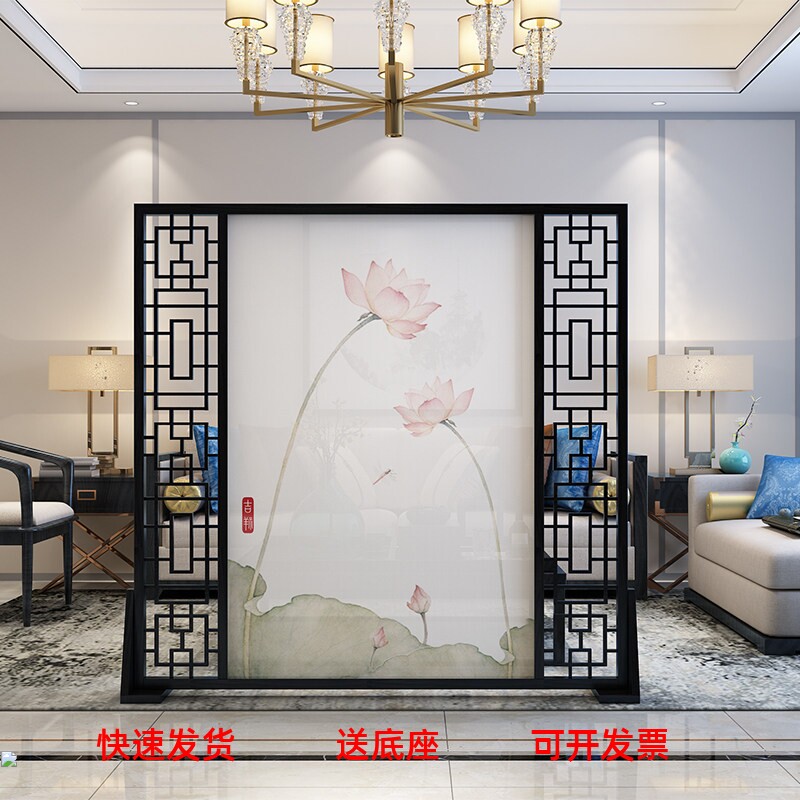 中式入户玄关可移动左右镂空实木座屏办公室屏风画隔断古风荷花