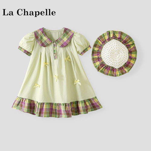La Chapelle【拉夏贝尔】夏季女童娃娃领格纹拼色连衣裙LD3006