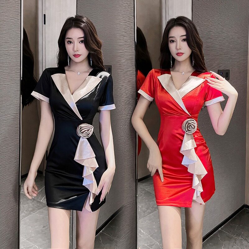 桑拿性感低胸连衣裙遮肚显瘦足浴短裙大码女装洗浴按摩技师工作服