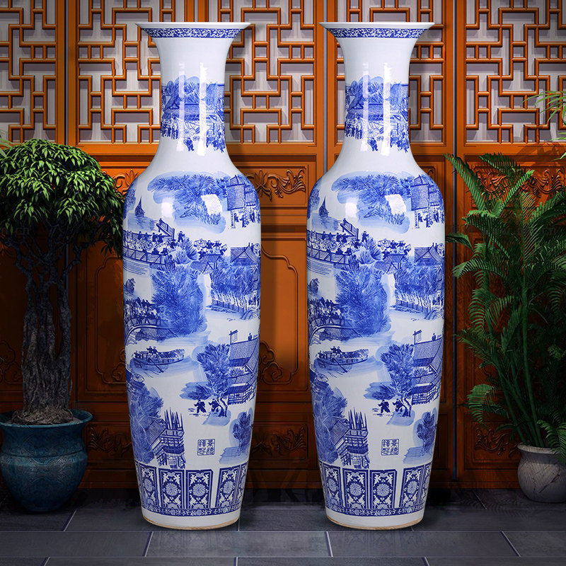 景德镇陶瓷花瓶青花瓷清明上河图摆件特大号覆古客厅落地开业装饰