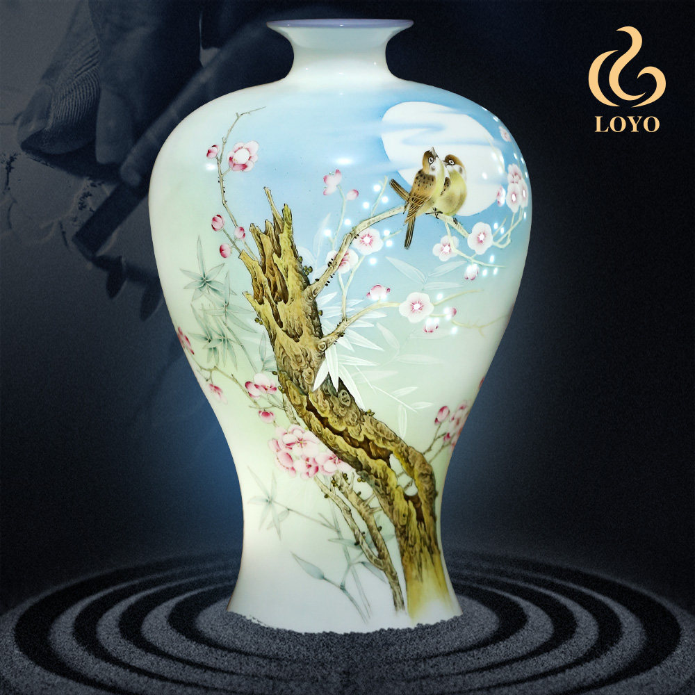 景德镇陶瓷手绘花瓶半刀泥瓷器瓶子插花中式客厅家居装饰品摆件