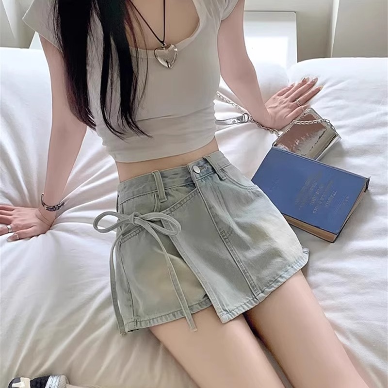假两件牛仔短裤子夏季A字高腰不规则绑带半身裙女小个子短款裙裤