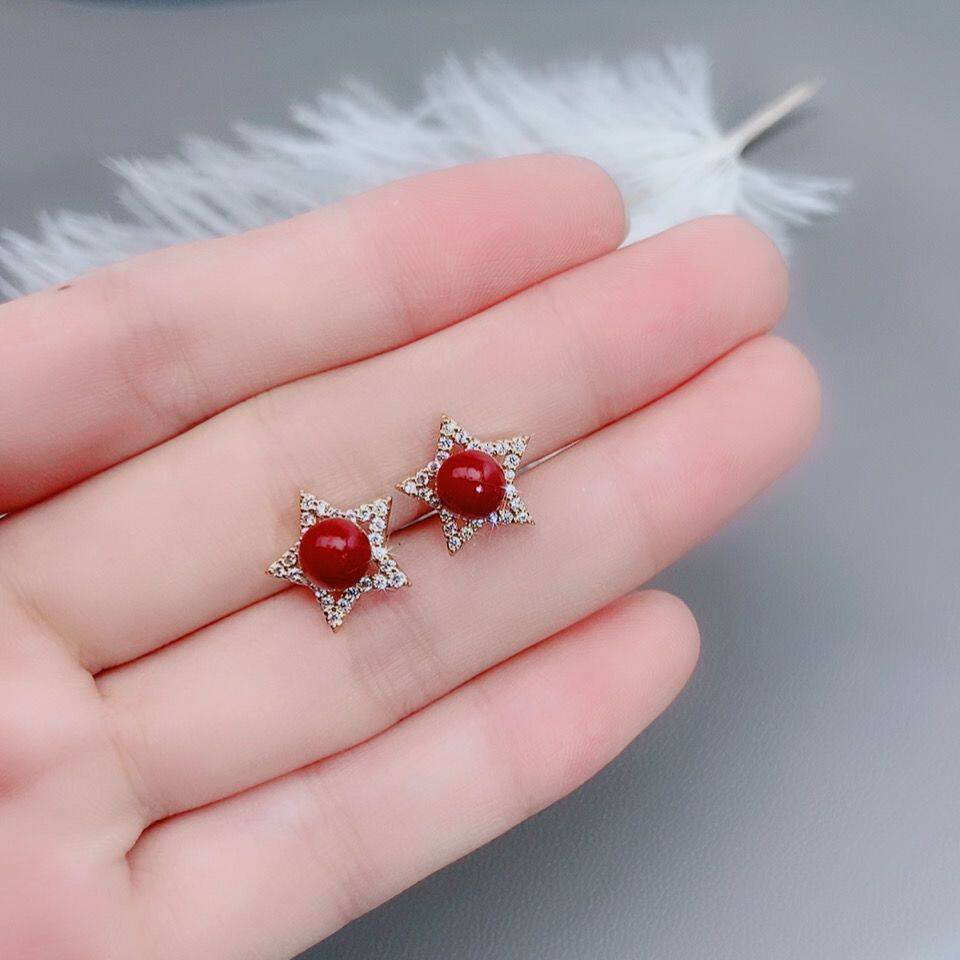 含辰砂工艺品925镶嵌款紫金砂耳钉女转运辟本命年朱砂耳钉防过敏