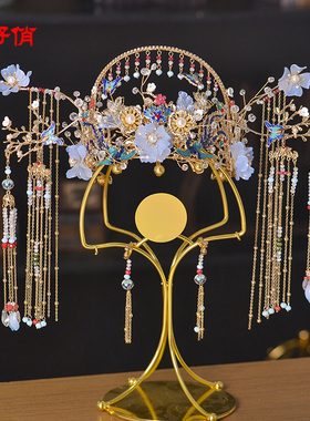 中式新娘头饰新款秀禾服发饰古典蓝色琉璃凤冠古装婚礼饰品