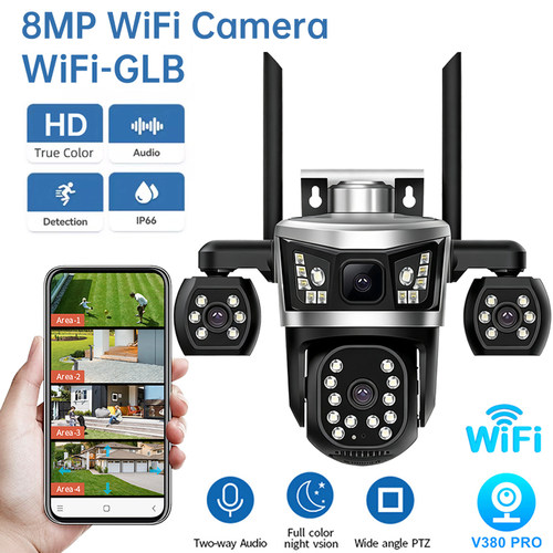 V380Pro 4 lens camera WiFi/4G无线摄像头360°室外防水日夜全彩