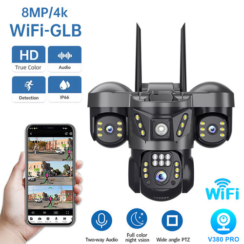 V380pro三镜头无线监控摄像头WiFi/4G摄像机日夜全彩室外全球通4K