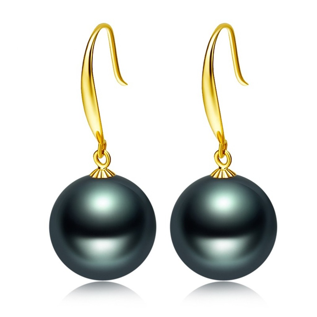 大溪地黑珍珠耳环18k金白金正圆强光微瑕海水珍珠耳钩耳坠送女友
