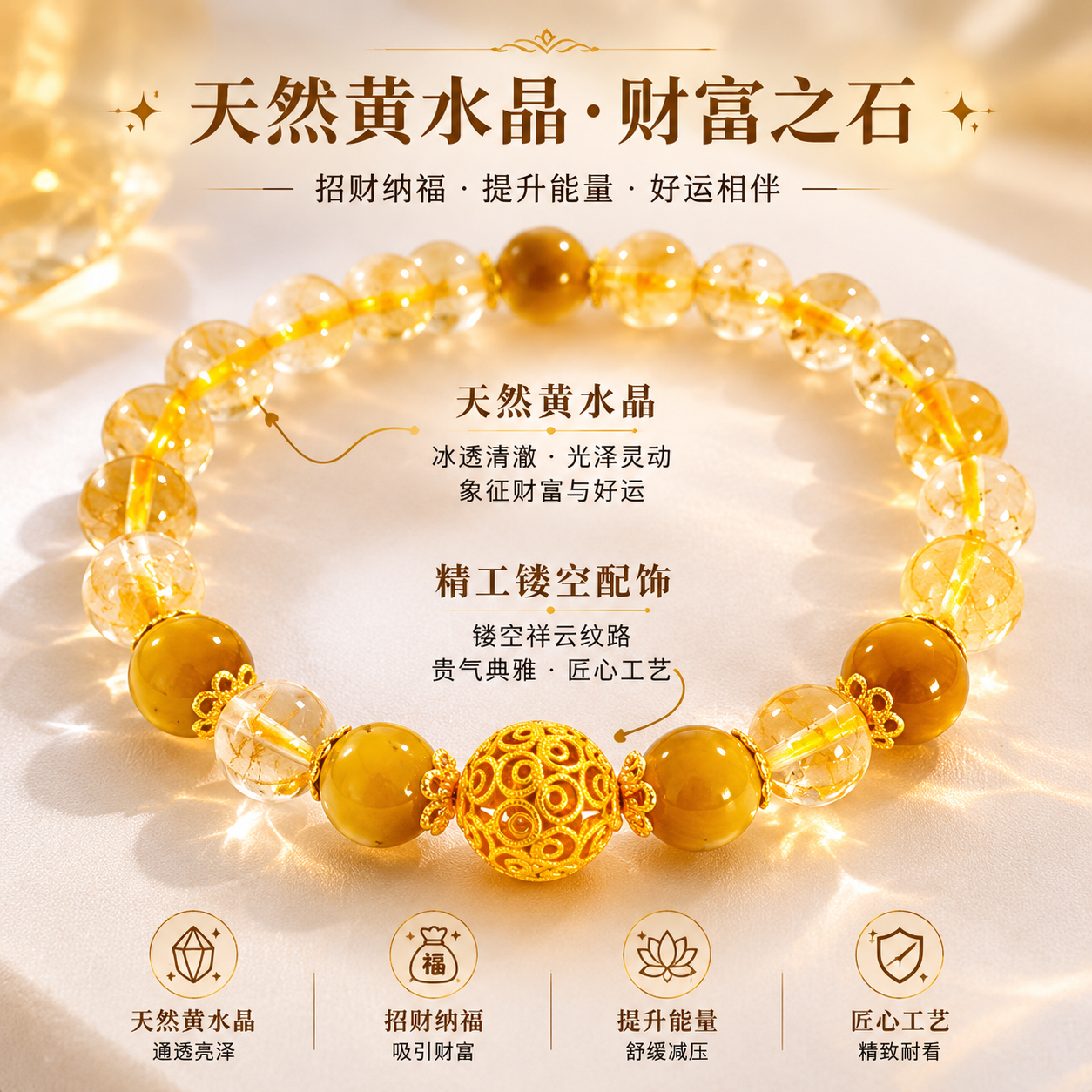 天然黄水晶金虎眼手串新中式轻奢祥云金饰手串招财转运百搭女手链