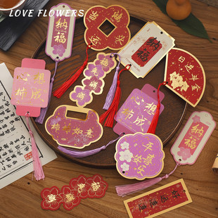 爱丽丝2026马年新年祝福卡片年宵花福桶装饰烫金流苏吊卡花艺材料