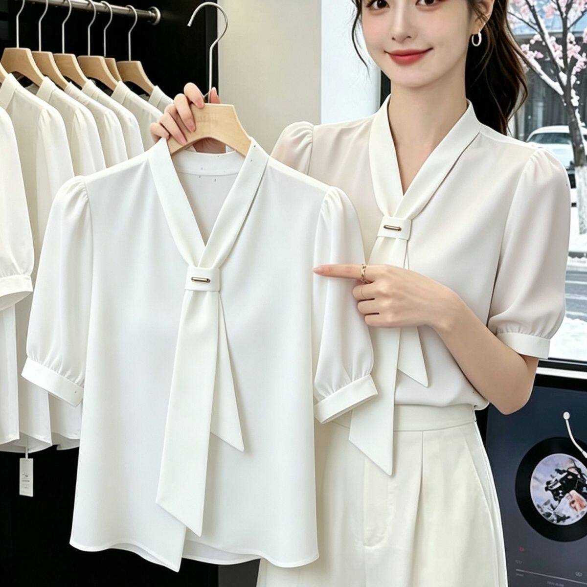 夏季女士雪纺衬衫通勤女装夏装2026年新款潮短袖上衣职业白色衬衣