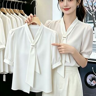 夏季女士雪纺衬衫通勤女装夏装2026年新款潮短袖上衣职业白色衬衣