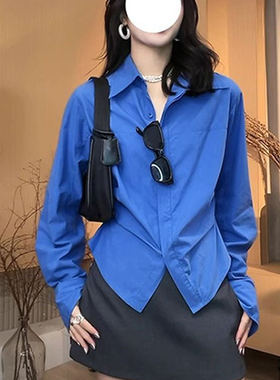 IU微胖MM克莱因蓝色衬衫女修身叠穿设计感小众收腰上衣长袖衬衣