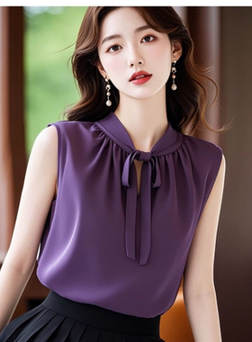 法式轻熟紫色背心无袖衬衫女设计感小众夏季独特别致绑带绝美上衣
