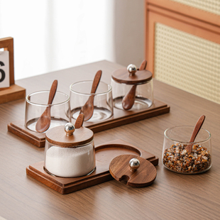 日式 家用厨房防潮调料罐调味罐轻 简约玻璃调味瓶相思木底座套装