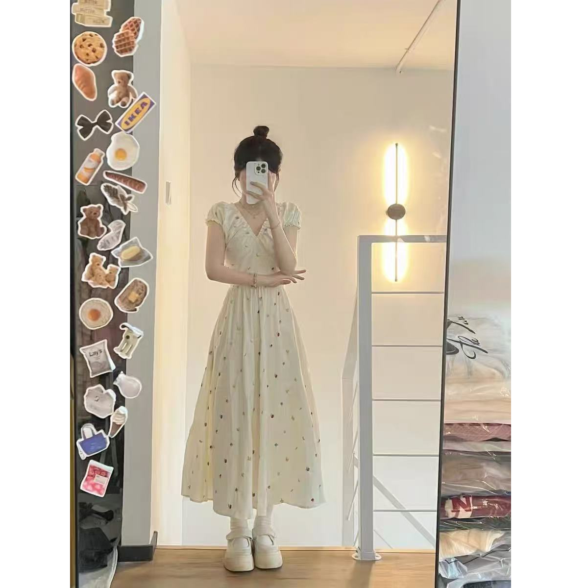 垂坠感连衣裙夏季法式甜美V领小飞袖仙女气质长裙收腰显瘦高级感