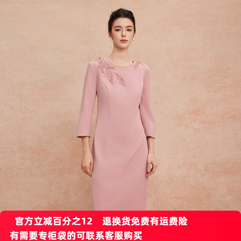 斯尔丽25新款小礼服宴会着装手工立体绣珠收腰直身端庄优雅连衣裙