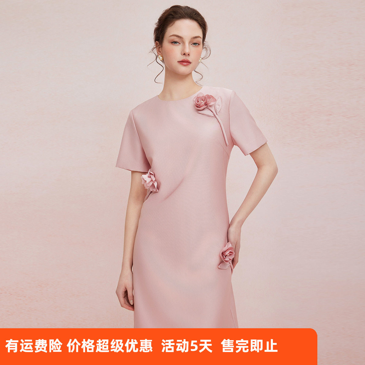 斯尔丽2025夏季新款立体盘花直身显瘦圆领宴会小礼服连衣裙