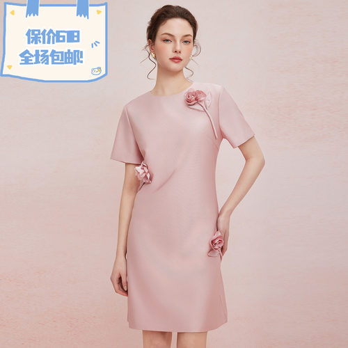 斯尔丽2025夏季新款立体盘花直身显瘦圆领宴会小礼服连衣裙