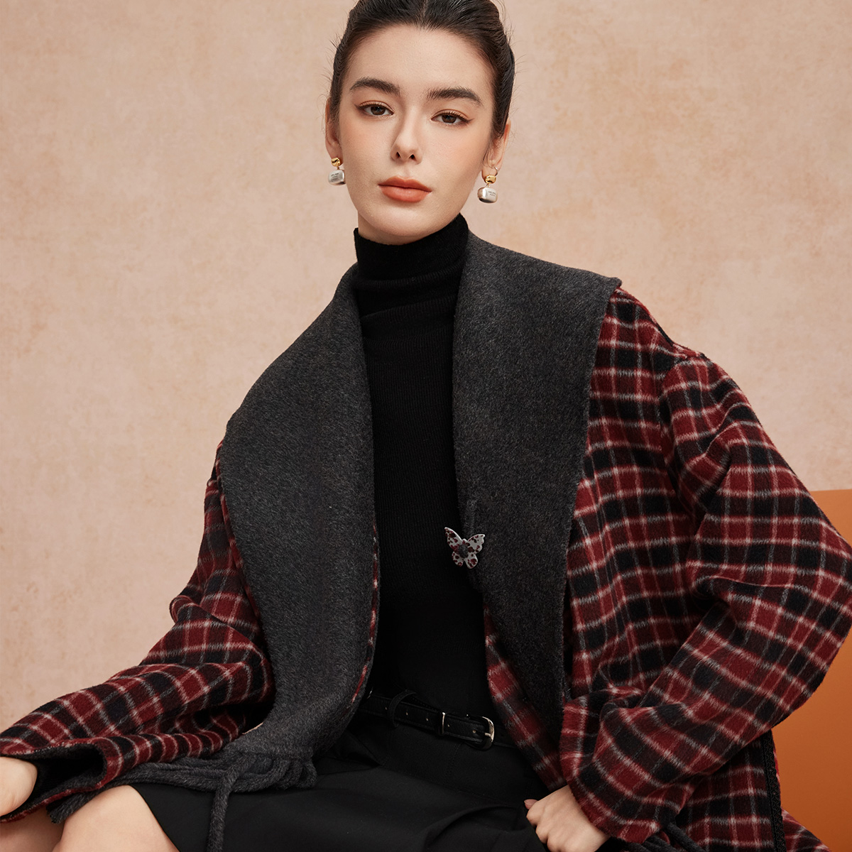 斯尔丽25新款双面格子宽松流苏大翻领时尚大衣外套