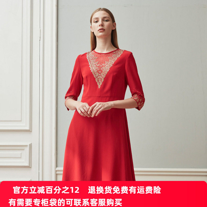 斯尔丽瑟俪2021年夏季上新奢华优雅舒适圆领礼服款中袖连衣裙