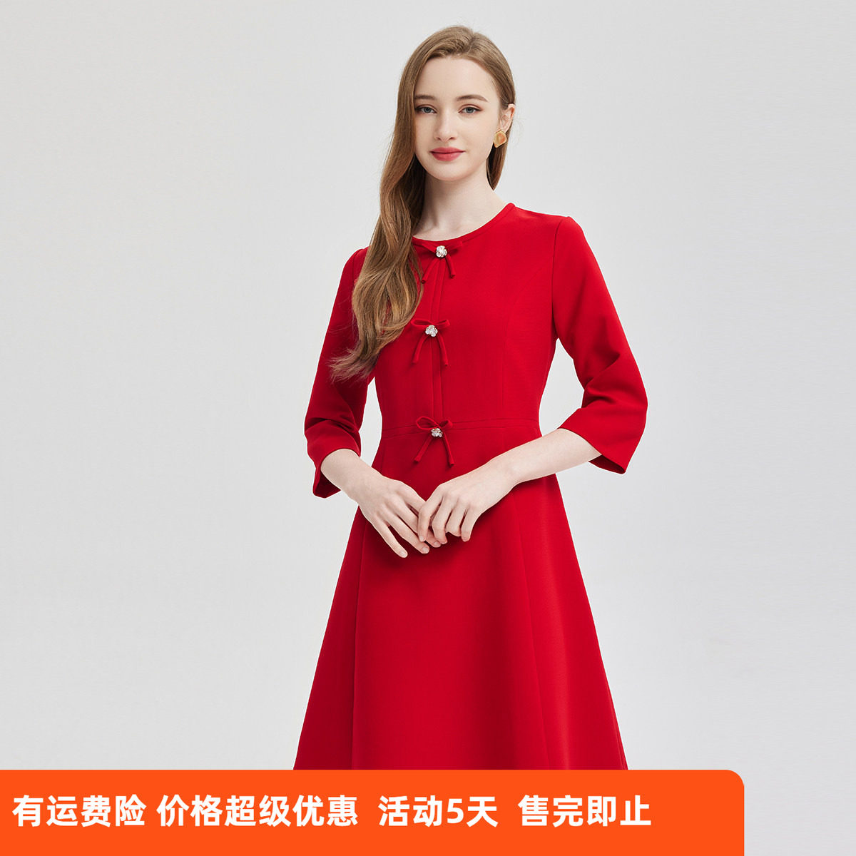 斯尔丽2024春夏时尚减龄收腰手工蝴蝶结显高显瘦小礼服连衣裙