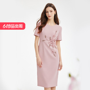 斯尔丽2024新款宴会礼服着装立体手工装饰花收腰修身版型连衣裙