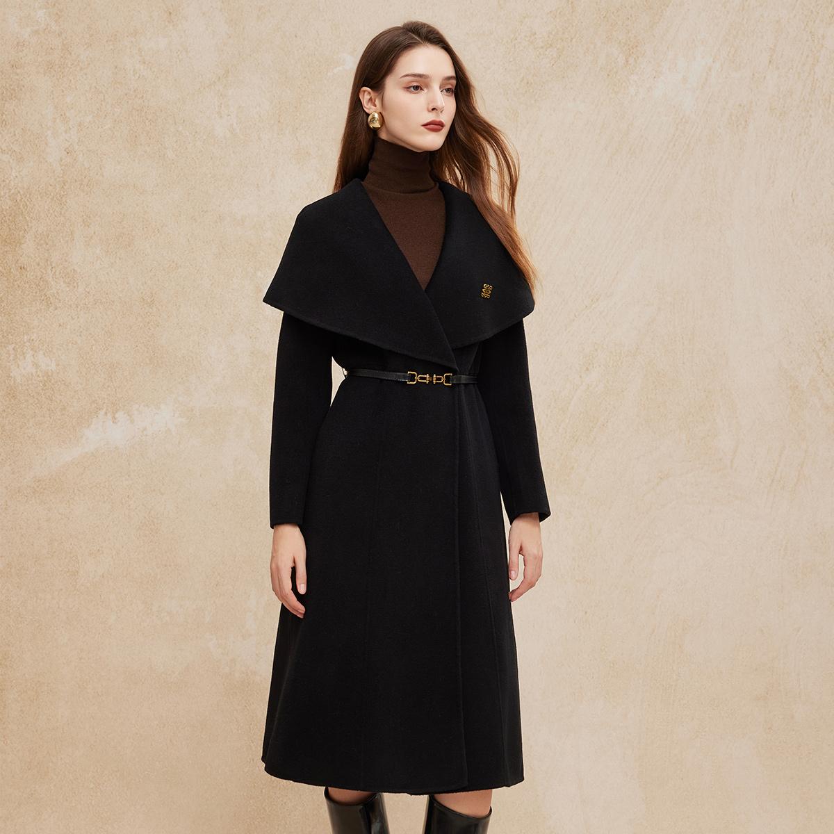 斯尔丽24冬季新款高级感修身斗篷式大翻领配腰带羊毛大衣