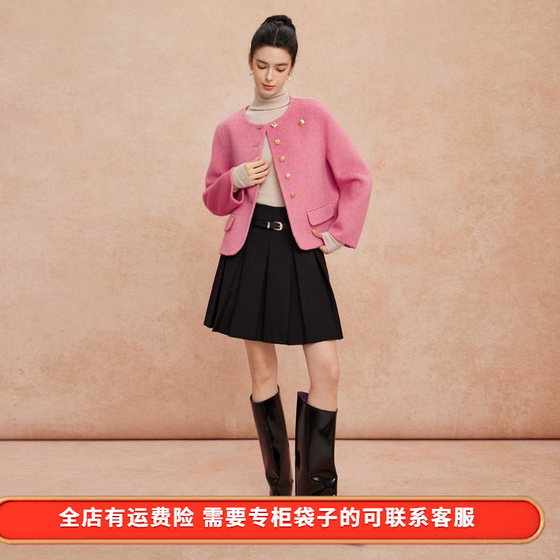斯尔丽2025新款双面呢手感滑爽软糯小香风异形扣时尚短款羊毛大衣