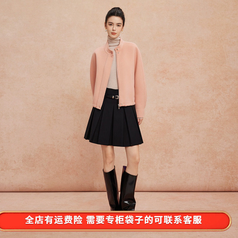 斯尔丽25新款含山羊绒宽松版时尚减龄经典小立领双面呢羊毛大衣